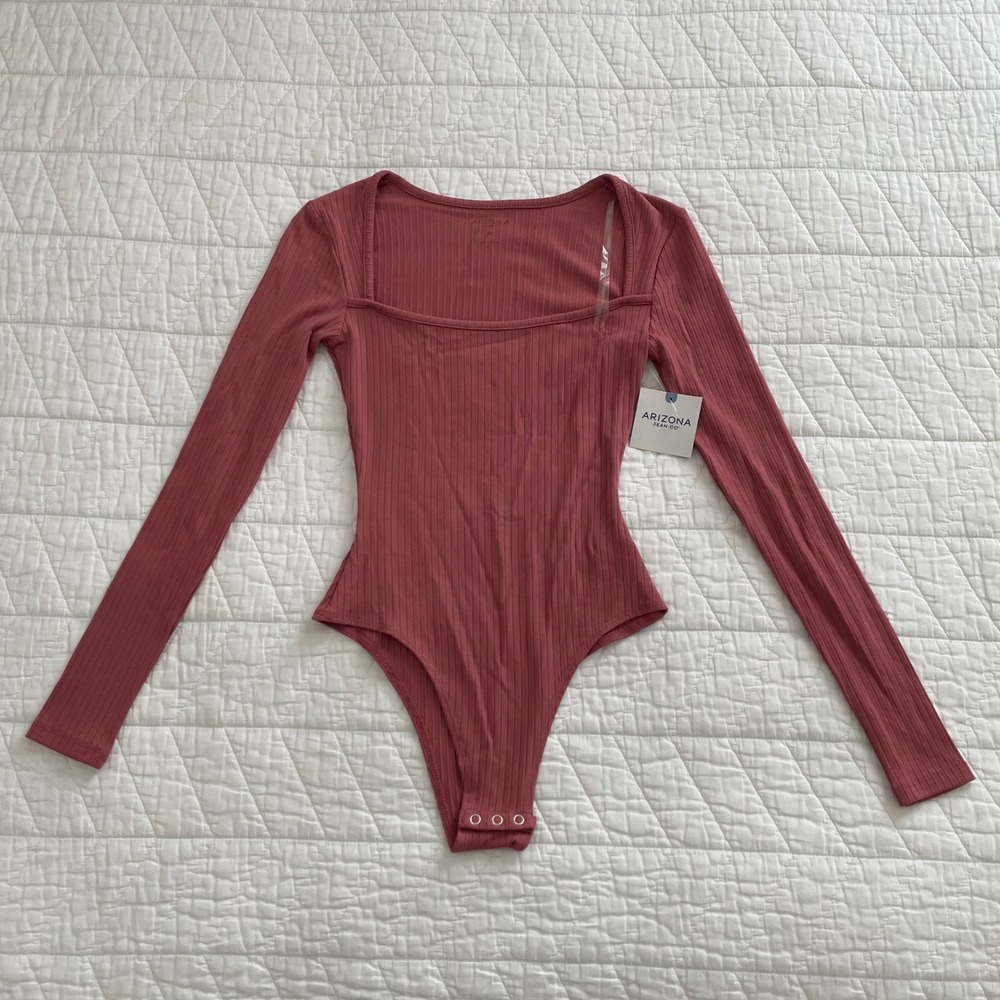 Arizona Jean Co Womens Ribbed Long Sleeve Square Neck Bodysuit Dusty Rose XS NWT
